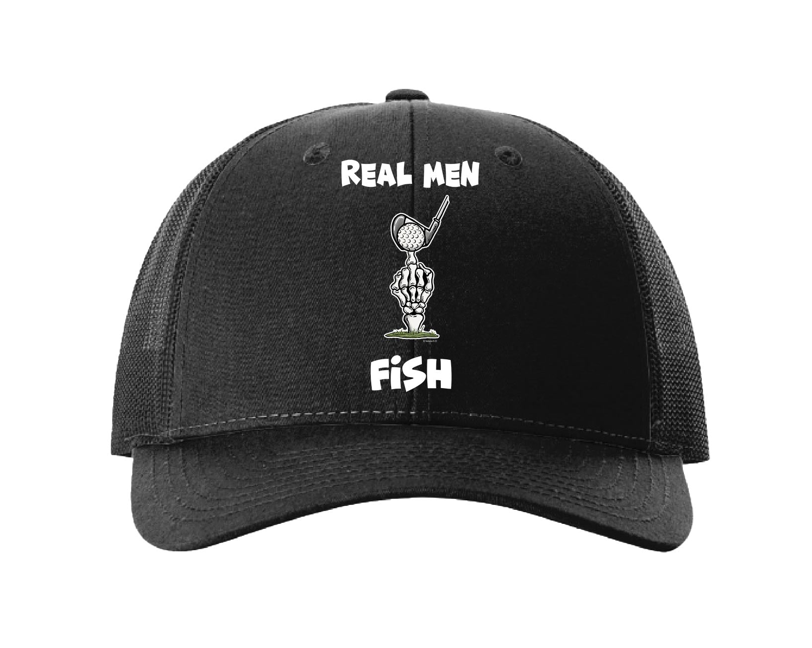 Real Men Fish - Low Profile Trucker Hat Med-Lge / Black / Black Mesh / Cotton-Poly/Nylon Mesh